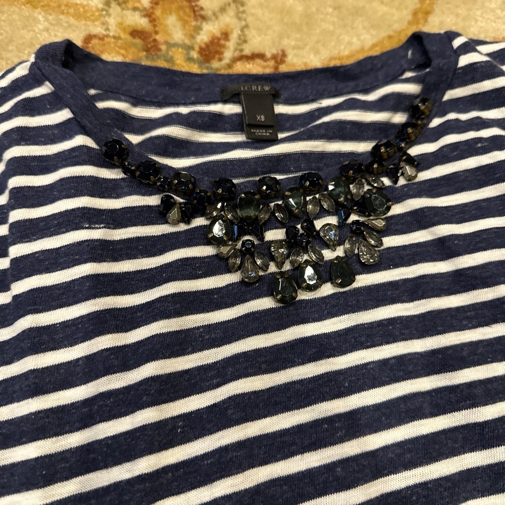 J.Crew Navy Striped Top with Embellished Neckline